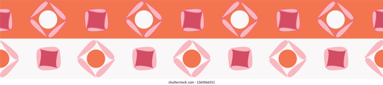 Colorful, quirky geometric seamless border with retro, yet modern vibe. Bold orange, pink and white shapes on a striped background. Perfect for summer  textile trims, ribbon, decorative banners, tape.