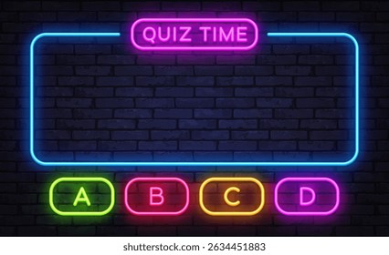 Colorful quiz layout with quiz time title and four glowing answer buttons A B C D