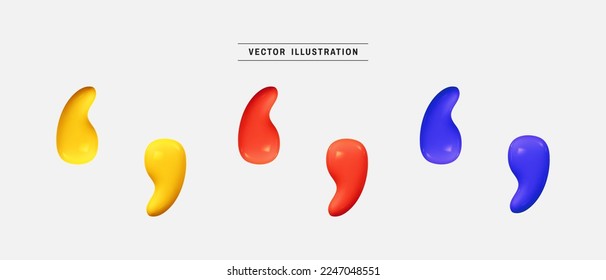 Colorful quotation mark 3d icon set. realistic design elements collection. vector illustration in cartoon minimal style