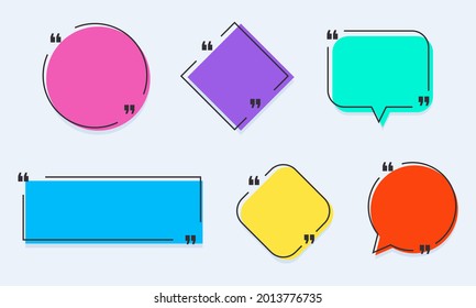 Colorful quote box, speech bubble, text in brackets, citation template isolated on white background. Vector illustration.