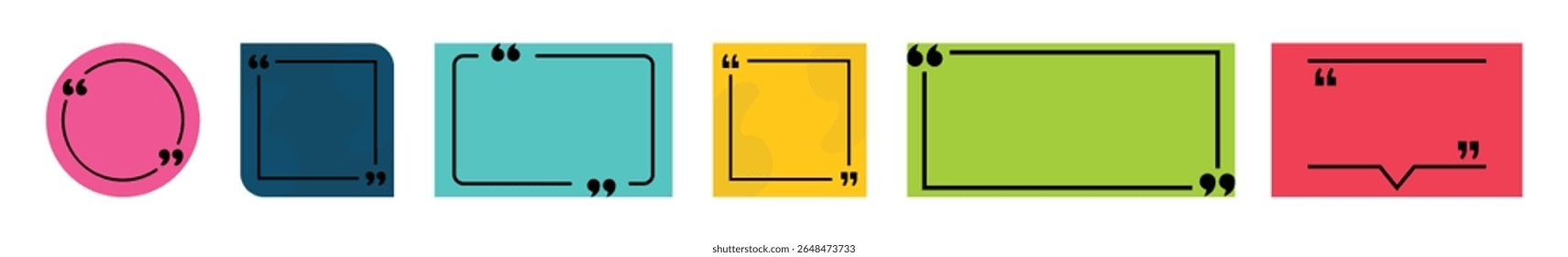 Colorful quote frame icon set including speech bubbles, square and circle styles. Perfect for comments, messages, feedback, testimonials, and social media text boxes.