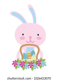colorful rabbit animal with eggs easter inside hamper and flowers design