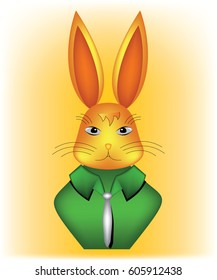 Colorful rabbit bust in green shirt, on yellow background