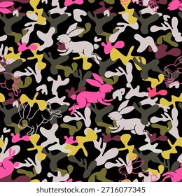 Colorido Coelho Camuflagem Padrão sem costura no fundo preto para moda e design têxtil