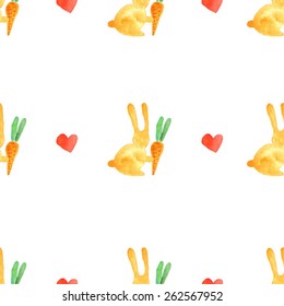 Colorful rabbit pattern. Bunny pattern with heart and carrot. Animal seamless pattern. Cute background for fabric, kid party, kitchen, easter card. isolated on white. Bunny in love