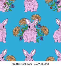 Farbiges Kaninchenmuster mit Blumen, nahtloses Design