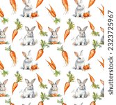 Colorful rabbit pattern. Watercolor rabbit and carrots. Seamless background. Animal seamless pattern. Cute background for fabric, kid party, kitchen, easter card. Bunny in love