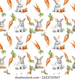 Colorful rabbit pattern. Watercolor rabbit and carrots. Seamless background. Animal seamless pattern. Cute background for fabric, kid party, kitchen, easter card. Bunny in love