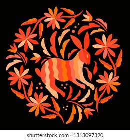 Colorful Rabbit Traditional Textile Embroidery Style from Tenango, Hidalgo; México - Otomi Circular composition - Vector