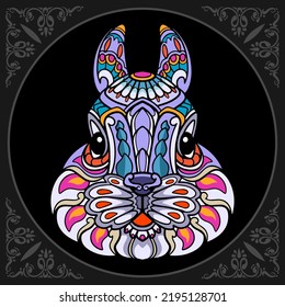 Colorful rabbit zentangle arts isolated on black background