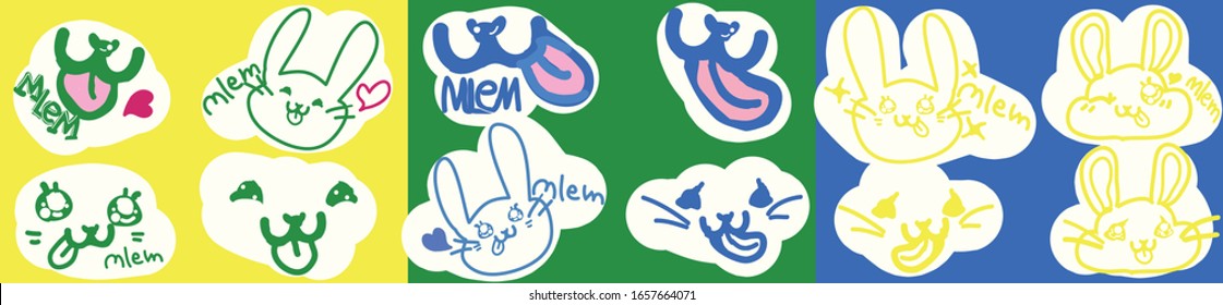 Colorful Rabbits Do Stick out tongue, This Funny Doodle Create By FahysGallery made For Reference for making new illustration, Stickers, Backdrop, Element And ETC