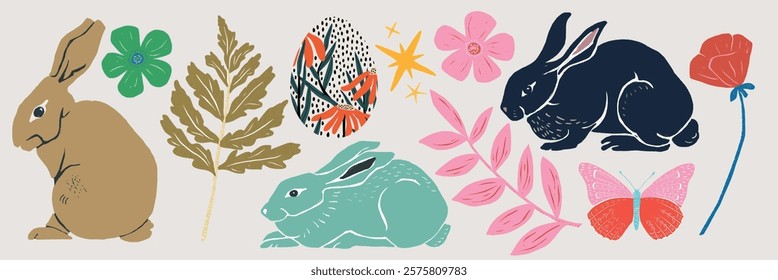 Colorful rabbits and floral designs with vibrant flowers and leaves. Rabbits, flowers, and leaves create a lively and artistic pattern. Spring illustrations, vector set.