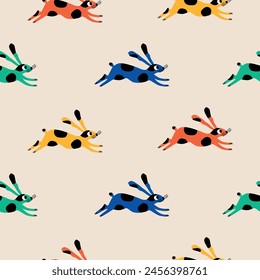 Colorful rabbits hand drawn vector illustration. Funny bunny animal seamless pattern for kids fabric or wallpaper.