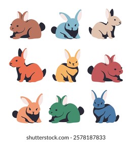 Colorful rabbits vector set isolated on a white background.