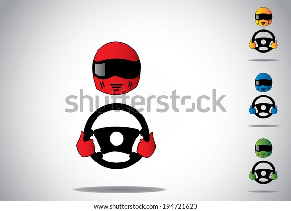 colorful racing car driver helmet with hands on
steering wheel.
