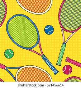 Colorful Racket and Tennis Ball Seamless Pattern. Background Wallpaper