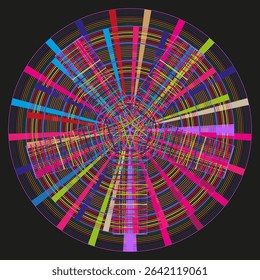 Colorful radial burst design. Rainbow stripe pattern. Vector circular explosion. Bright spectrum rays.