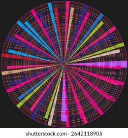 Colorful radial burst pattern. Rainbow stripe design. Vector circular explosion. Bright spectrum rays.