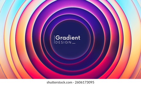 Colorful radial gradient banner design with neon concentric curved layers and deep shading. Layered circular fluid rings with smooth blending futuristic glow and depth illusion for trendy aesthetics
