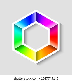 Colorful radial gradient hexagonal symbol made of rainbow spectral colors on grey background