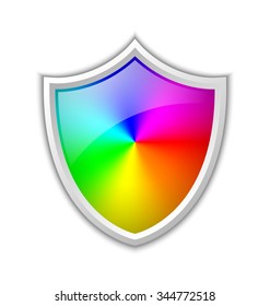Colorful radial gradient in shield shaped badge made of rainbow spectral colors placed on white background