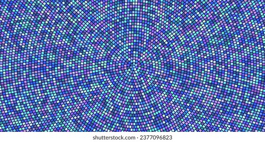 Colorful radial mosaic in shades of blue and purple made from square tiles. Vector abstract background. Paved area or tiles for swimming pool floor and walls