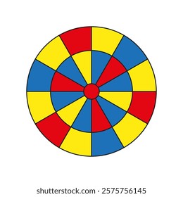 Colorful radial pattern. Blue yellow red design. Geometric circular layout. Symmetrical vector shape.