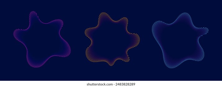 Colorful radial sound wave line pattern set. Circular audio, music, voice icon collection. Linear undulate wavy equalizer spectrum symbol pack. Purple, orange, blue sunburst bundle. Vector soundwaves