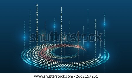 Colorful radial swirl of data particles forming a digital vortex on a dark blue background. Concept of big data visualization, technology, analytics and structuring of information flows.