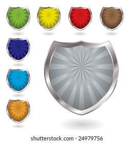 Colorful radiating shields with drop shadow and silver bevel