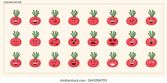 
Colorful Radish Vegetable Emojis with Various Facial Expressions for Food and Chat