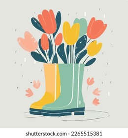 Colorful rain boot with a bouquet of tulips inside. Spring colorful composition. Flat illustration