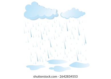 Colorful rain drops falling from cartoon clouds, vector flat design, cute weather scene with soft pastel tones, seamless sky illustration for children projects, decor, and background use

