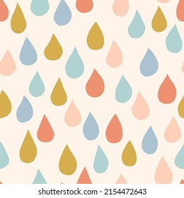 Las lluvias coloridas caen en un patrón ininterrumpido. Recorte de fondo de gotas de lluvia en estilo de dibujos retro, diseño plano. Ilustración de gotas dibujadas a mano para tela infantil, textiles para niños, papel pintado. Color pastel neutro