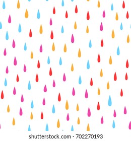 Colorful rain drops. Seamless pattern with raindrops. Cute vector illustration for children. White, blue, purple, red, orange color.