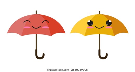 Colorful rain umbrellas. Kawaii stule. Vector illustration. Isolated on white background. Flat design.