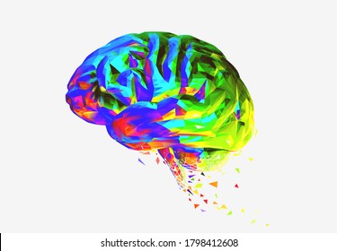 Colorful rainbow abstract dispersion  low polygonal triangulate human brain with particle shatter effect vector illustration isolated on white background