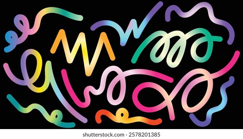 Colorful Rainbow Abstract Gradient Shapes Set. Liquid futuristic elements. Vector illustration.
Vector Graphic Pattern with Wavy Lines in Bright Colors. Fluid Wave Elements of Colorful Squiggly Design