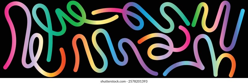 Colorful Rainbow Abstract Gradient Shapes Set. Liquid futuristic elements. Vector illustration.
Vector Graphic Pattern with Wavy Lines in Bright Colors. Fluid Wave Elements of Colorful Squiggly Design