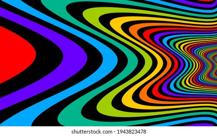 Colorful rainbow abstract vector lines psychedelic optical illusion illustration, surreal op art linear curves in hyper 3D perspective, crazy distorted design, drug hallucination delirium,