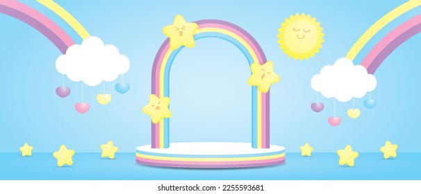 colorful rainbow arch and podium display stage with cute kawaii star and sun and cloud on pastel blue floor and wall 3d illustration vector scene for putting object