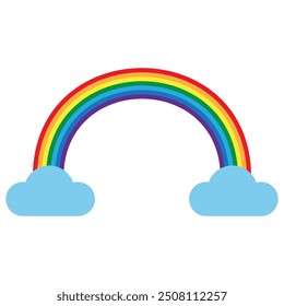 Colorful rainbow arch. Two blue clouds. Simple vector icon. Bright and cheerful.
