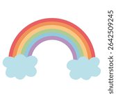 Colorful rainbow arching between two fluffy light-blue clouds. Cheerful and uplifting, perfect for weather forecasts, hope or diversity themes, children's content, or sky-themed designs.