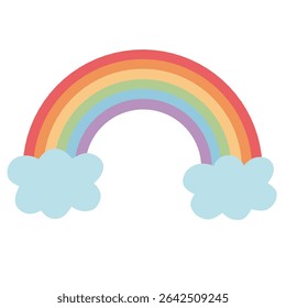 Colorful rainbow arching between two fluffy light-blue clouds. Cheerful and uplifting, perfect for weather forecasts, hope or diversity themes, children's content, or sky-themed designs.
