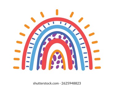 Arc-en-ciel coloré avec des rayons de soleil lumineux sur fond blanc, avec des lignes en pointillés et des motifs en pointillés, idéal pour les illustrations et les dessins d'enfants