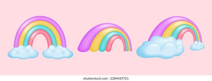 Colorful rainbow arching over fluffy blue clouds. Isolated on pink background. Vector illustration.	
