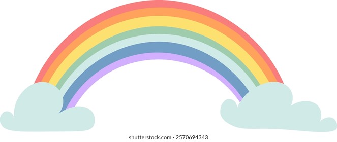 Colorful rainbow arching over stylized clouds creating a cheerful and dreamy atmosphere, ideal for children s illustrations, fantasy designs, or weather related projects