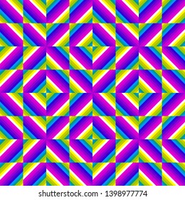 Colorful rainbow background with squares. Spin illusion. Seamless pattern.