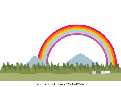 Arcoiris colorido. Hermosa vista del bosque de pinos sobre fondo arco iris