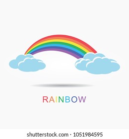 Colorful rainbow with blue clouds and shadow on white background.